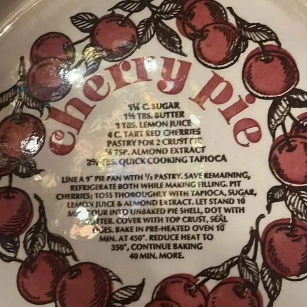 Vintage 80s Cherry Pie Plate with Recipe Country Harvest